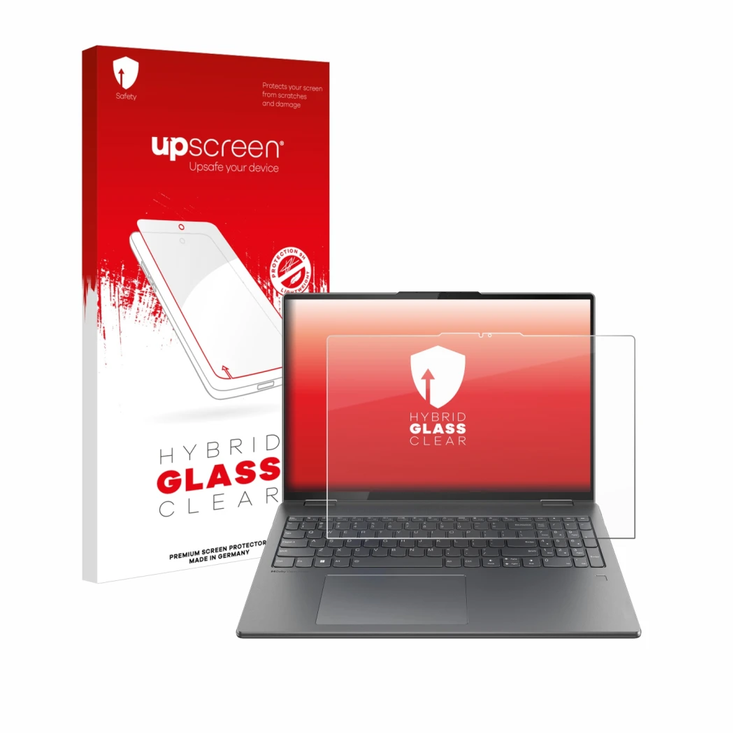 Face avant d’un emballage produit avec le logo de la marque upscreen. À côté, l’appareil Lenovo Yoga 7i 2-in-1 Gen 9 16