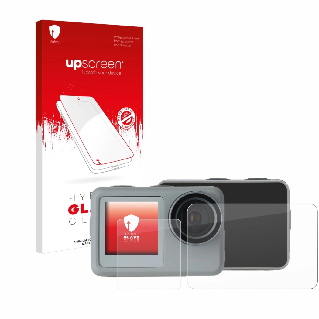 Face avant d’un emballage produit avec le logo de la marque upscreen. À côté, l’appareil Rollei Actioncam 9s Plus est représen