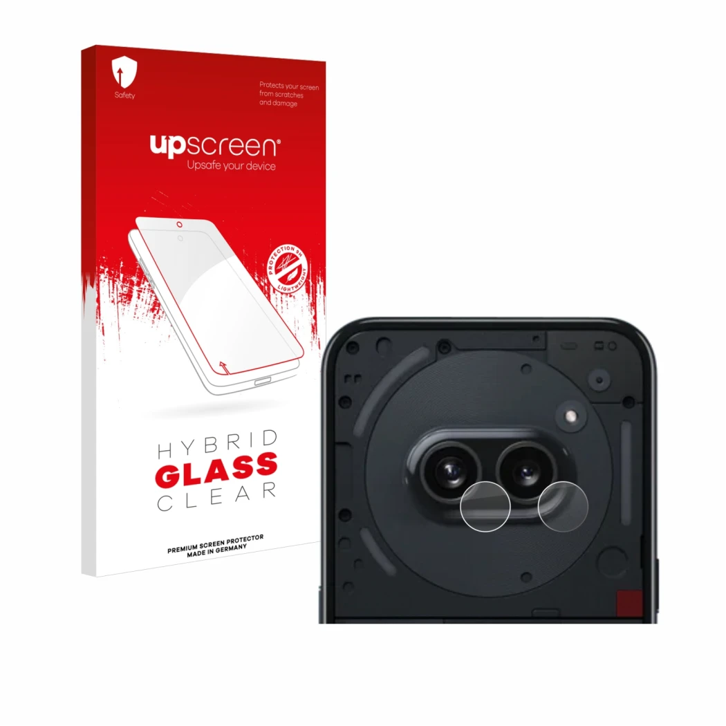 Face avant d’un emballage produit avec le logo de la marque upscreen. À côté, l’appareil Nothing Phone (2a) (Caméra UNIQUEMENT