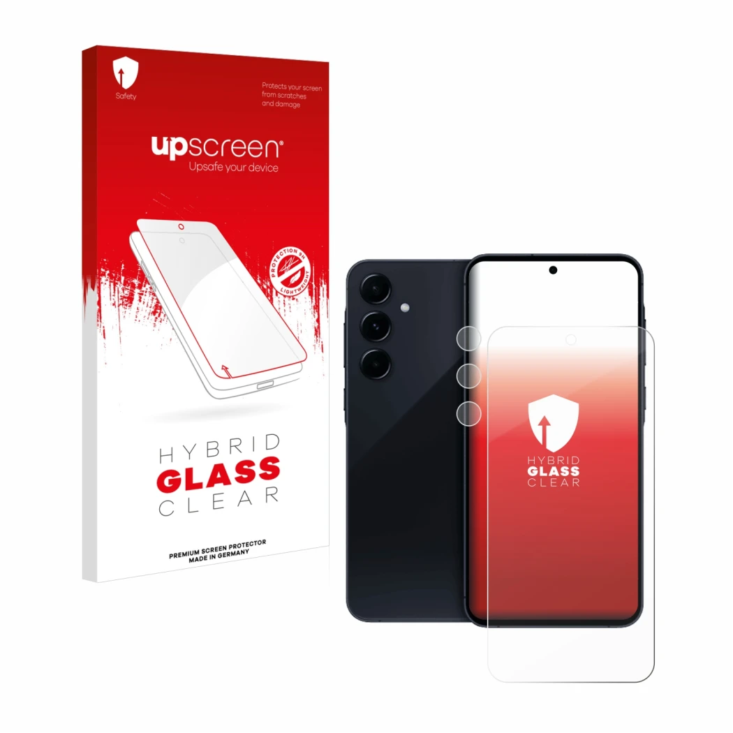 Face avant d’un emballage produit avec le logo de la marque upscreen. À côté, l’appareil Samsung Galaxy A55 5G (Avant+Caméra) 