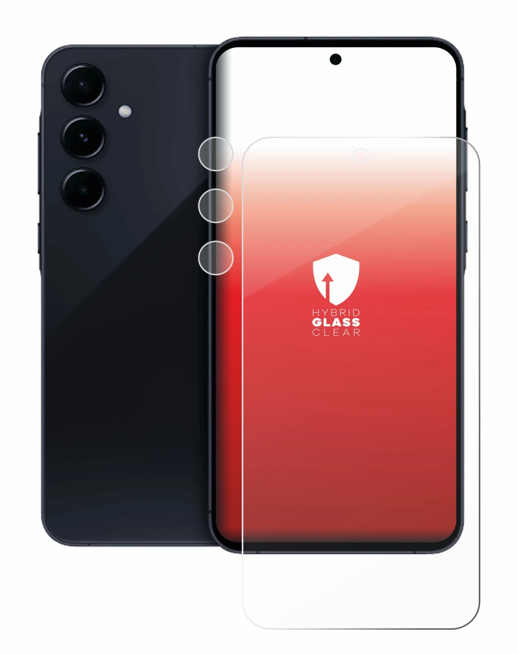 Image de l'appareil Samsung Galaxy A55 5G (Avant+Caméra) avec une grande variété de protections d'écran.