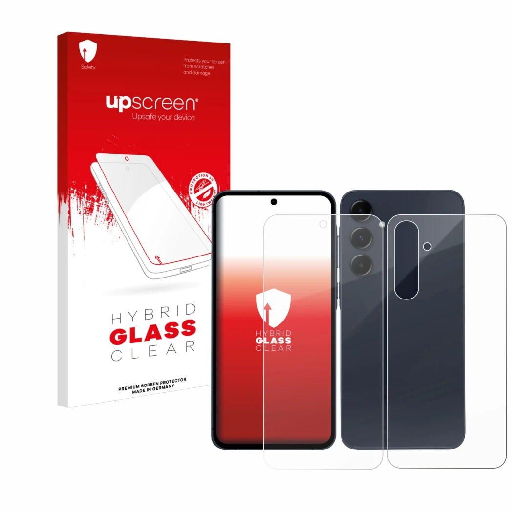 Face avant d’un emballage produit avec le logo de la marque upscreen. À côté, l’appareil Samsung Galaxy A55 5G (Avant+Arrière)