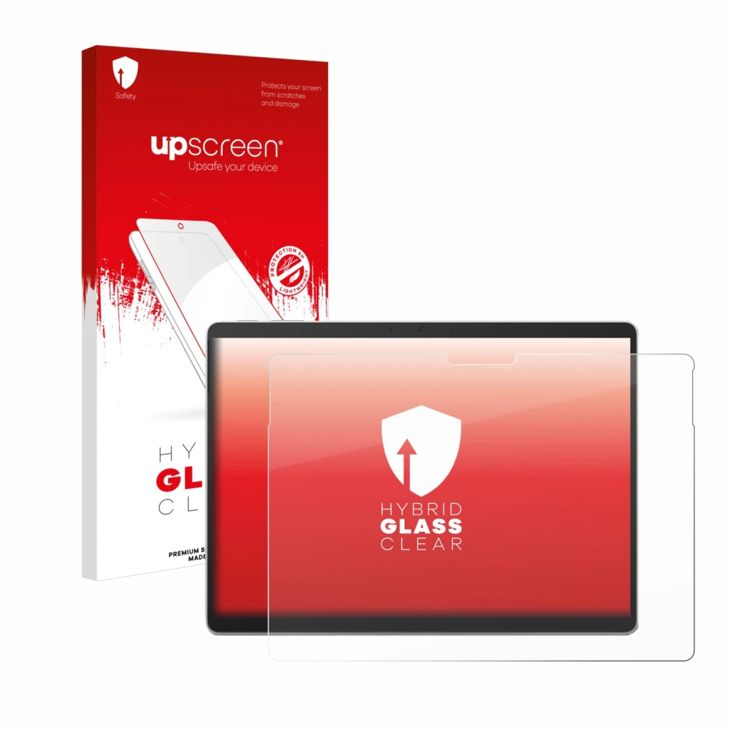 Face avant d’un emballage produit avec le logo de la marque upscreen. À côté, l’appareil Microsoft Surface Pro 10 est représen
