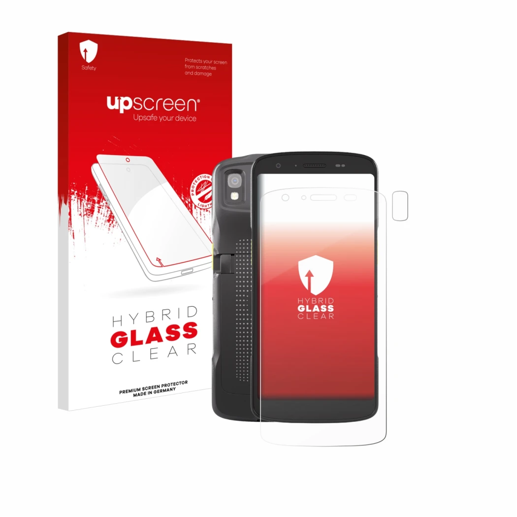 Face avant d’un emballage produit avec le logo de la marque upscreen. À côté, l’appareil Zebra TC22 (Avant+Caméra) est représe