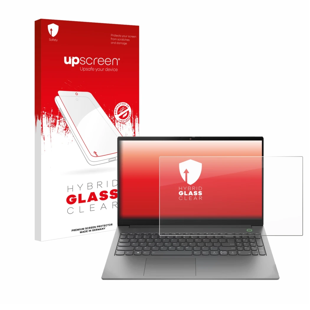 Face avant d’un emballage produit avec le logo de la marque upscreen. À côté, l’appareil Lenovo ThinkBook 15 Gen 4 est représe