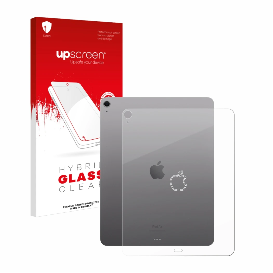 Face avant d’un emballage produit avec le logo de la marque upscreen. À côté, l’appareil Apple iPad Air 13