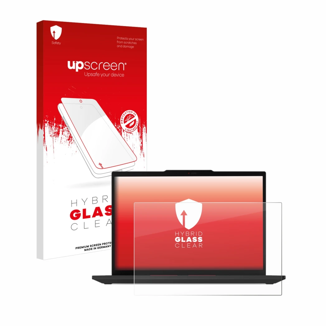 Face avant d’un emballage produit avec le logo de la marque upscreen. À côté, l’appareil Lenovo ThinkPad T14 Gen 5 est représe