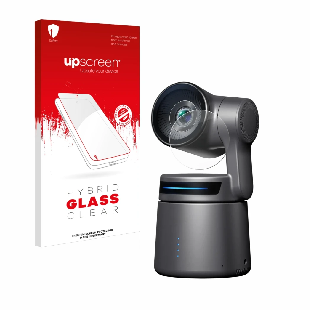 Face avant d’un emballage produit avec le logo de la marque upscreen. À côté, l’appareil OBSBOT Tail Air est représenté avec l