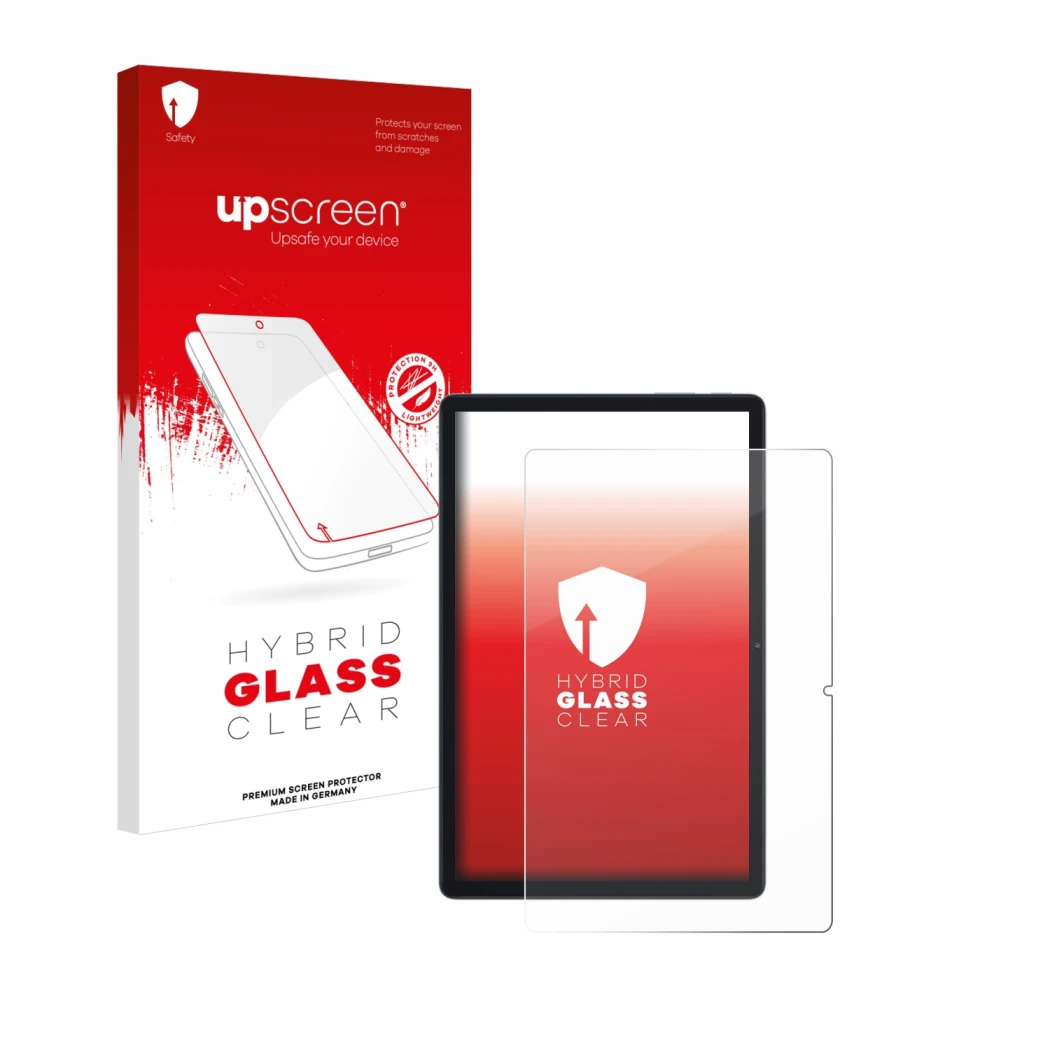 Face avant d’un emballage produit avec le logo de la marque upscreen. À côté, l’appareil Blackview Tab 80 est représenté avec 