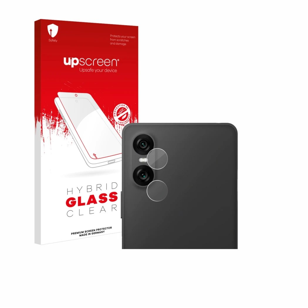 Face avant d’un emballage produit avec le logo de la marque upscreen. À côté, l’appareil Sony Xperia 10 VI (Caméra UNIQUEMENT)