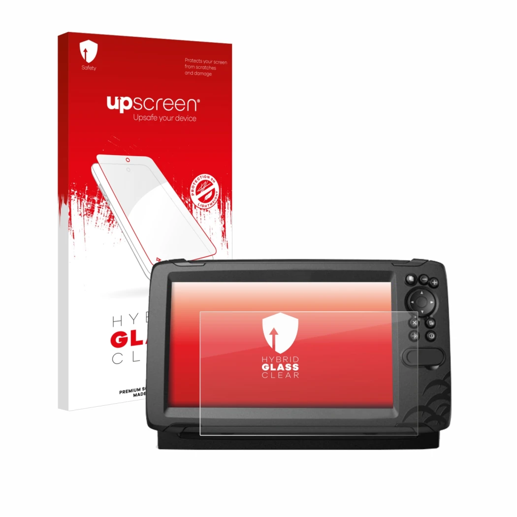 Face avant d’un emballage produit avec le logo de la marque upscreen. À côté, l’appareil Lowrance HOOK Reveal 9 est représenté