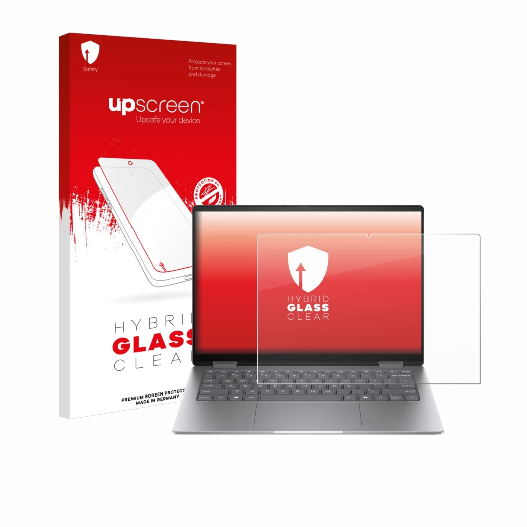 Face avant d’un emballage produit avec le logo de la marque upscreen. À côté, l’appareil HP Envy x360 14 2-in-1 est représenté