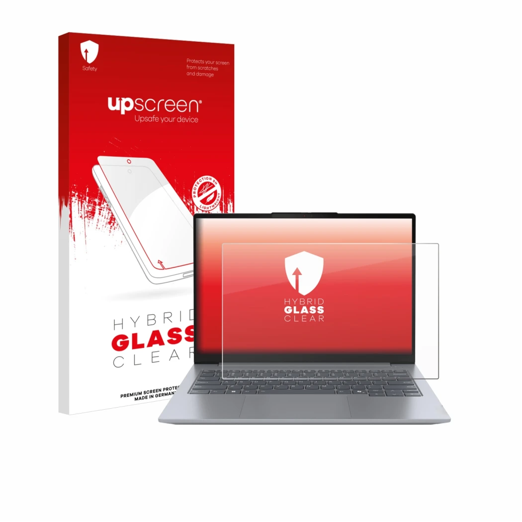 Face avant d’un emballage produit avec le logo de la marque upscreen. À côté, l’appareil Lenovo ThinkBook 14 Gen 7 est représe