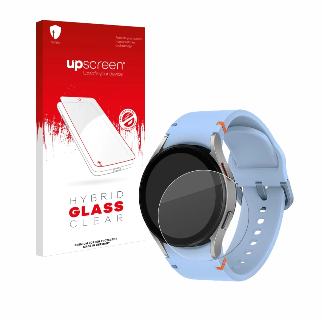 Face avant d’un emballage produit avec le logo de la marque upscreen. À côté, l’appareil Samsung Galaxy Watch FE est représent