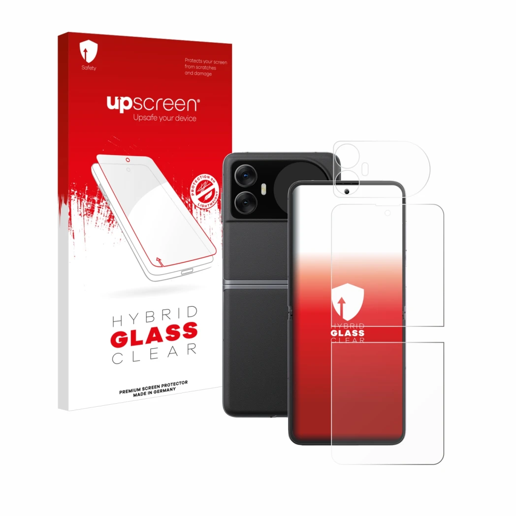 Face avant d’un emballage produit avec le logo de la marque upscreen. À côté, l’appareil Blackview Hero 10 (Avant+Arrière) est