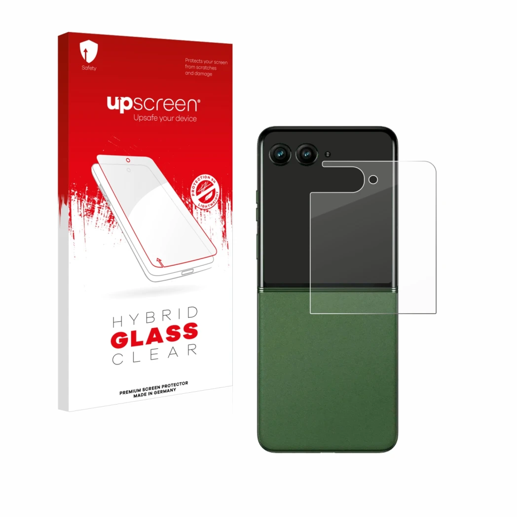 Face avant d’un emballage produit avec le logo de la marque upscreen. À côté, l’appareil Motorola Razr 50 Ultra (Affichage arr