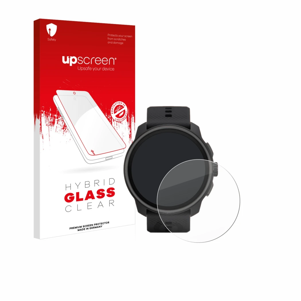 Face avant d’un emballage produit avec le logo de la marque upscreen. À côté, l’appareil Suunto Race S est représenté avec la 