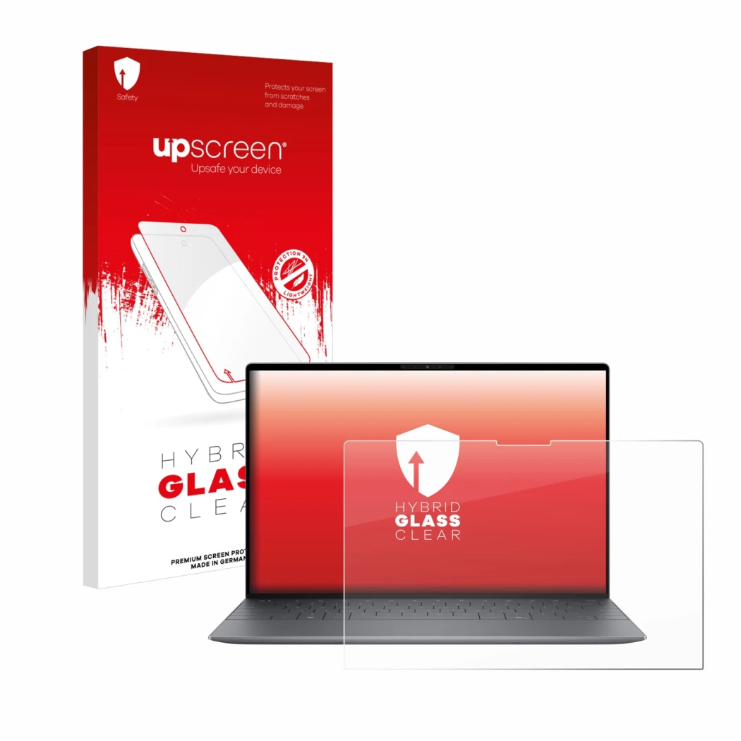 Face avant d’un emballage produit avec le logo de la marque upscreen. À côté, l’appareil Dell XPS 13 9345 est représenté avec 