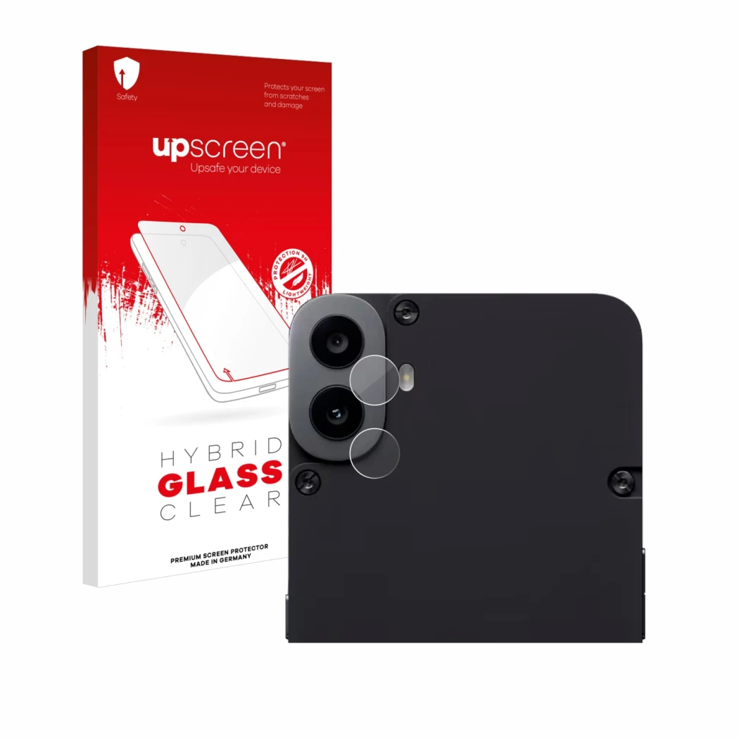 Face avant d’un emballage produit avec le logo de la marque upscreen. À côté, l’appareil Nothing CMF Phone 1 (Caméra UNIQUEMEN