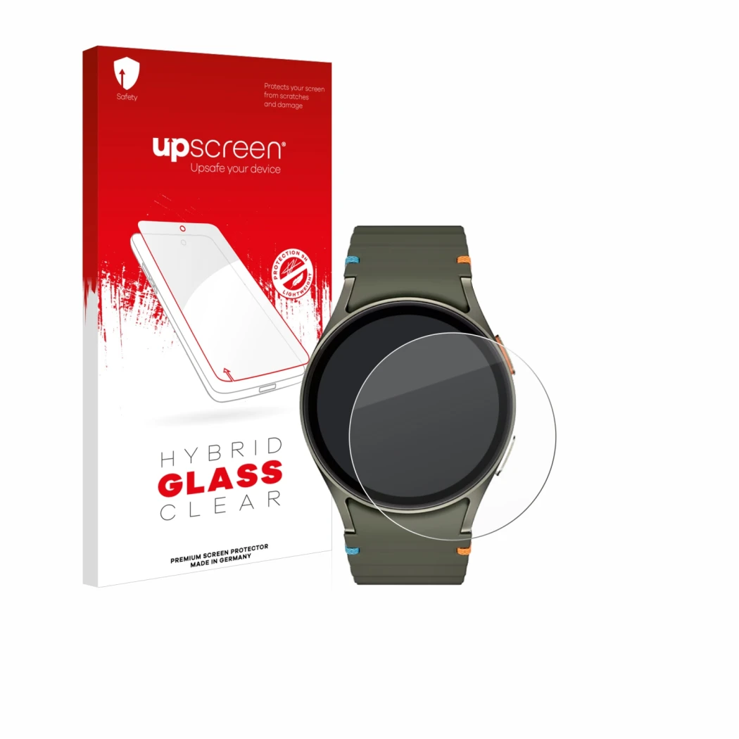 Face avant d’un emballage produit avec le logo de la marque upscreen. À côté, l’appareil Samsung Galaxy Watch 7 (40 mm) est re