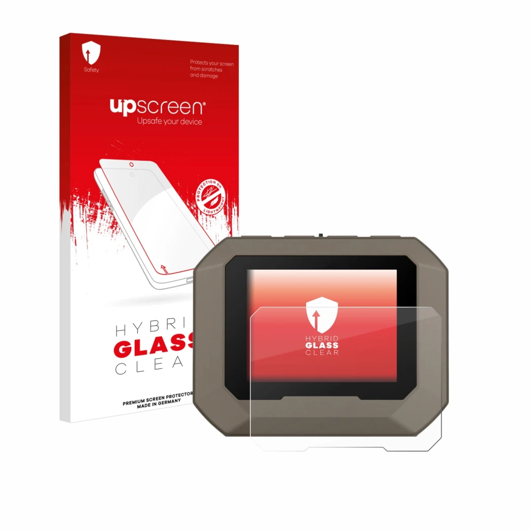 Face avant d’un emballage produit avec le logo de la marque upscreen. À côté, l’appareil Garmin Xero C1 Pro est représenté ave