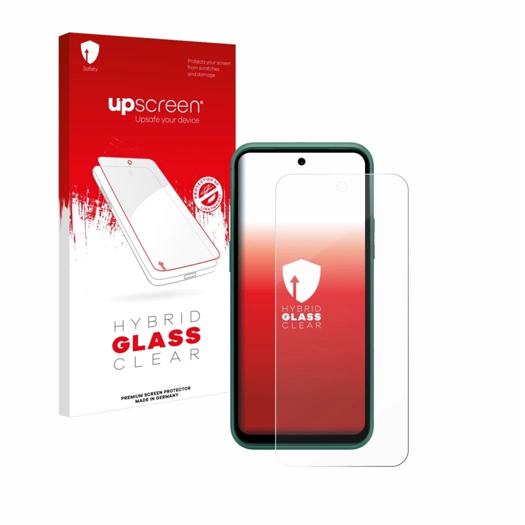 Face avant d’un emballage produit avec le logo de la marque upscreen. À côté, l’appareil Nokia XR21 Limited Edition est représ