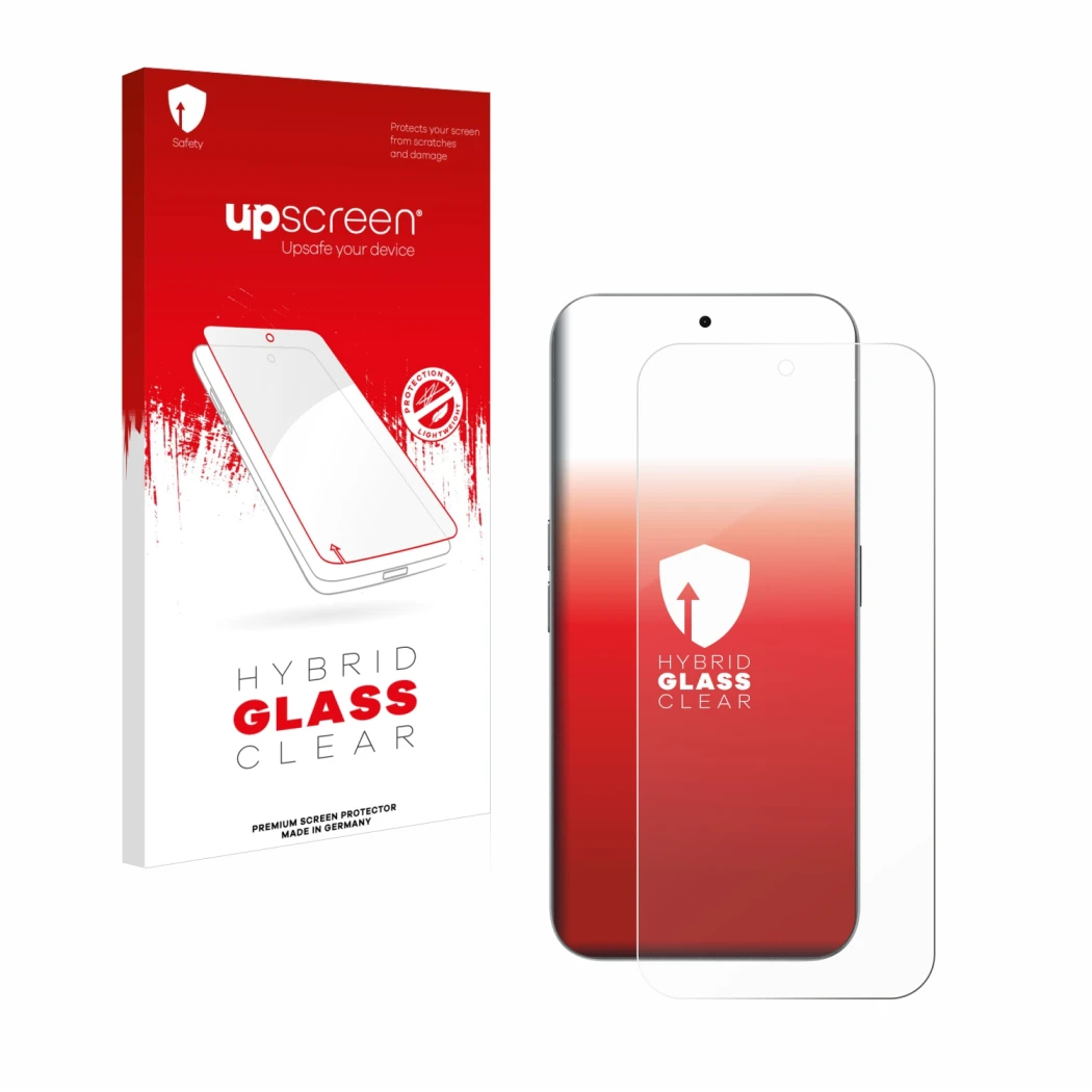 Face avant d’un emballage produit avec le logo de la marque upscreen. À côté, l’appareil Nothing Phone (2a) Plus est représent
