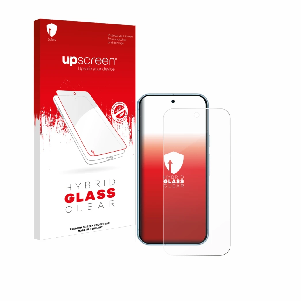 Face avant d’un emballage produit avec le logo de la marque upscreen. À côté, l’appareil Google Pixel 9 est représenté avec la