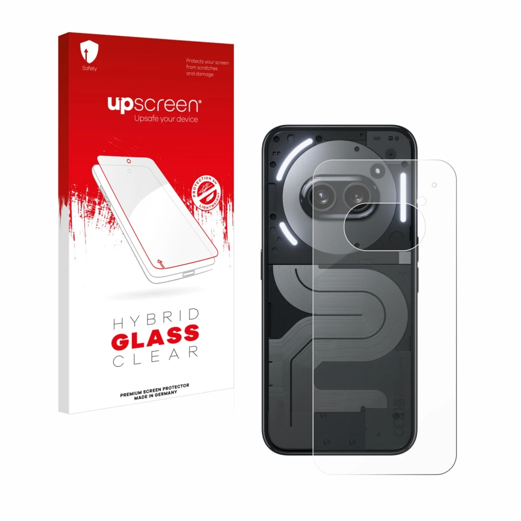 Face avant d’un emballage produit avec le logo de la marque upscreen. À côté, l’appareil Nothing Phone (2a) Plus (Arrière) est