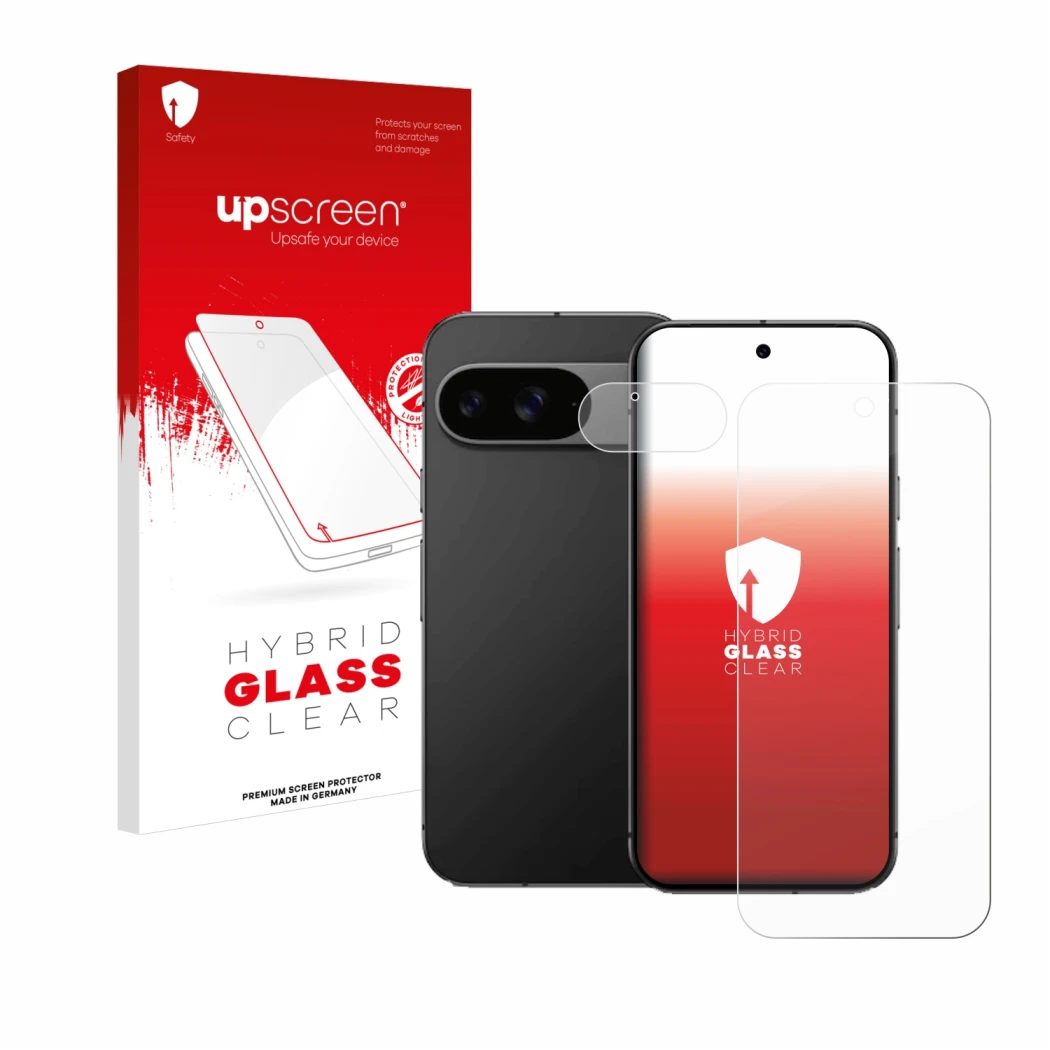 Face avant d’un emballage produit avec le logo de la marque upscreen. À côté, l’appareil Google Pixel 9 (Avant+Caméra) est rep