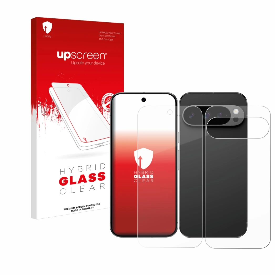 Face avant d’un emballage produit avec le logo de la marque upscreen. À côté, l’appareil Google Pixel 9 Pro (Avant+Arrière) es