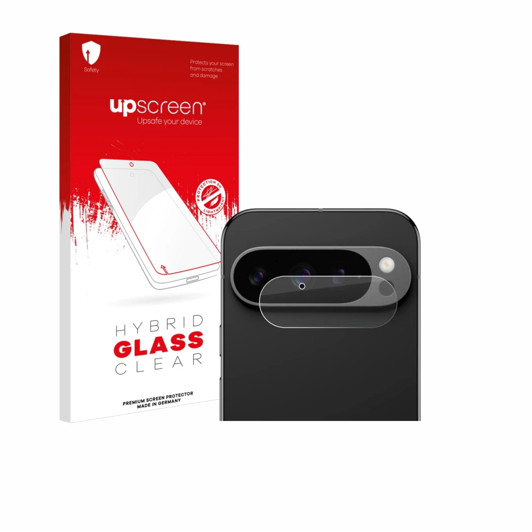 Face avant d’un emballage produit avec le logo de la marque upscreen. À côté, l’appareil Google Pixel 9 Pro (Caméra UNIQUEMENT