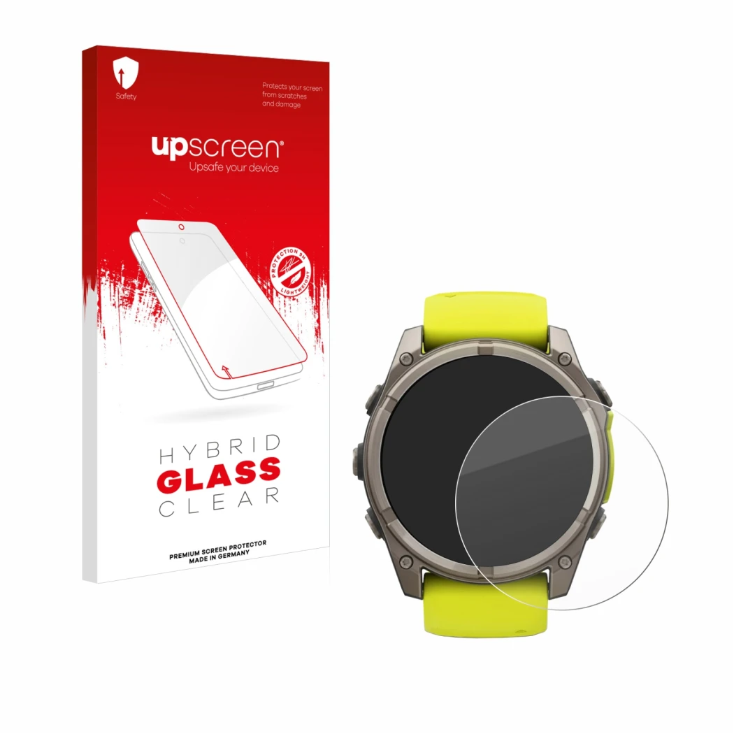 Face avant d’un emballage produit avec le logo de la marque upscreen. À côté, l’appareil Garmin Fenix 8 Solar (51 mm) est repr