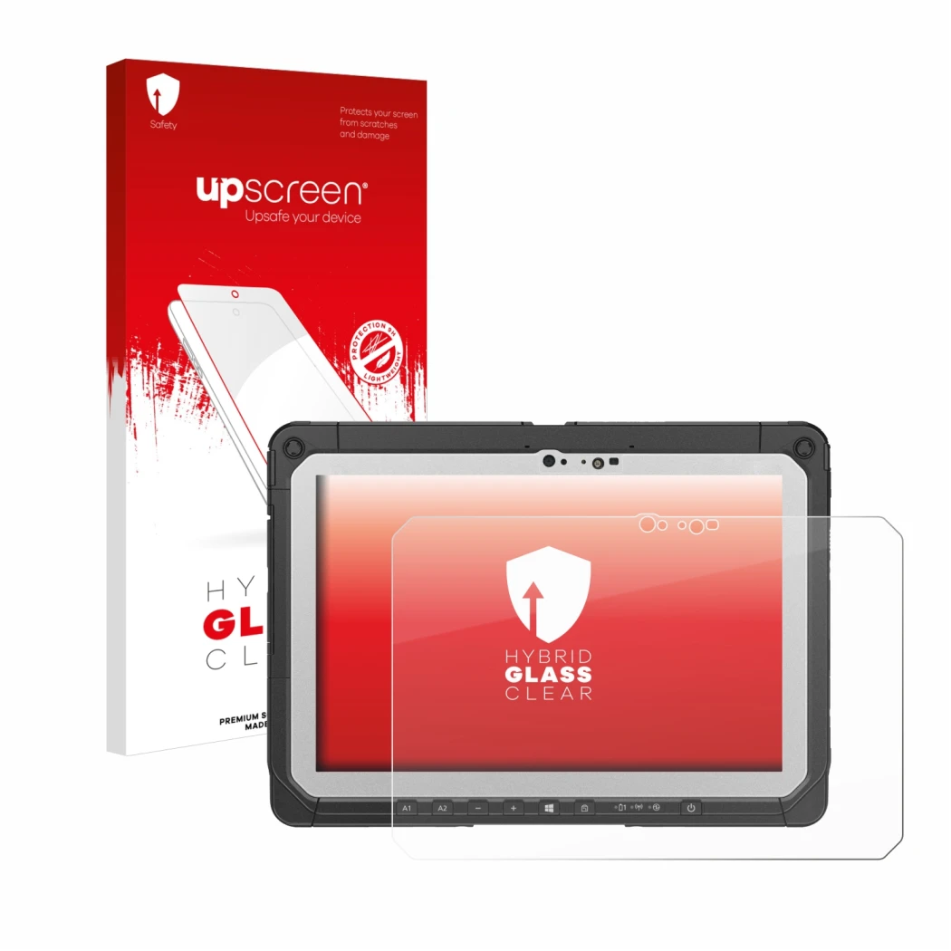 Face avant d’un emballage produit avec le logo de la marque upscreen. À côté, l’appareil Panasonic Toughbook CF-20 MK2 est rep