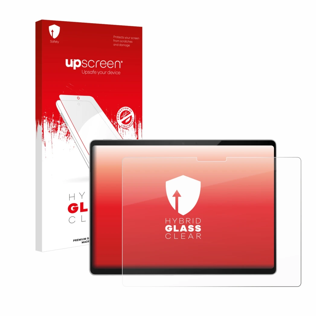Face avant d’un emballage produit avec le logo de la marque upscreen. À côté, l’appareil Microsoft Surface Pro 11 est représen