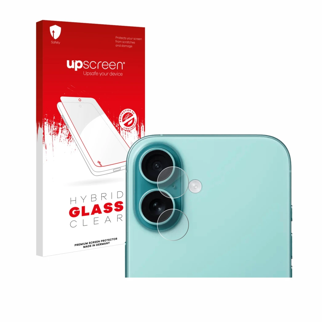 Face avant d’un emballage produit avec le logo de la marque upscreen. À côté, l’appareil Apple iPhone 16 (Caméra UNIQUEMENT) e