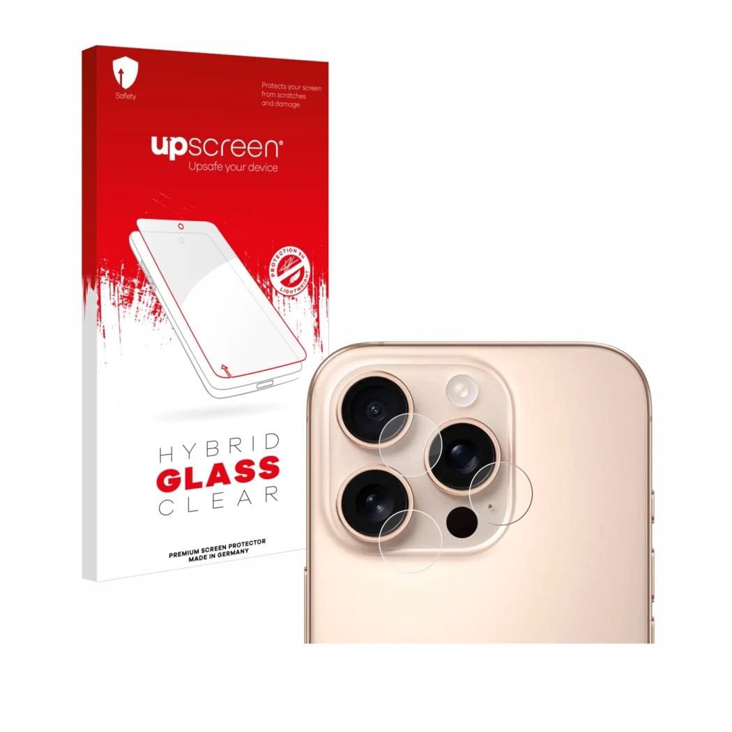 Face avant d’un emballage produit avec le logo de la marque upscreen. À côté, l’appareil Apple iPhone 16 Pro (Caméra UNIQUEMEN