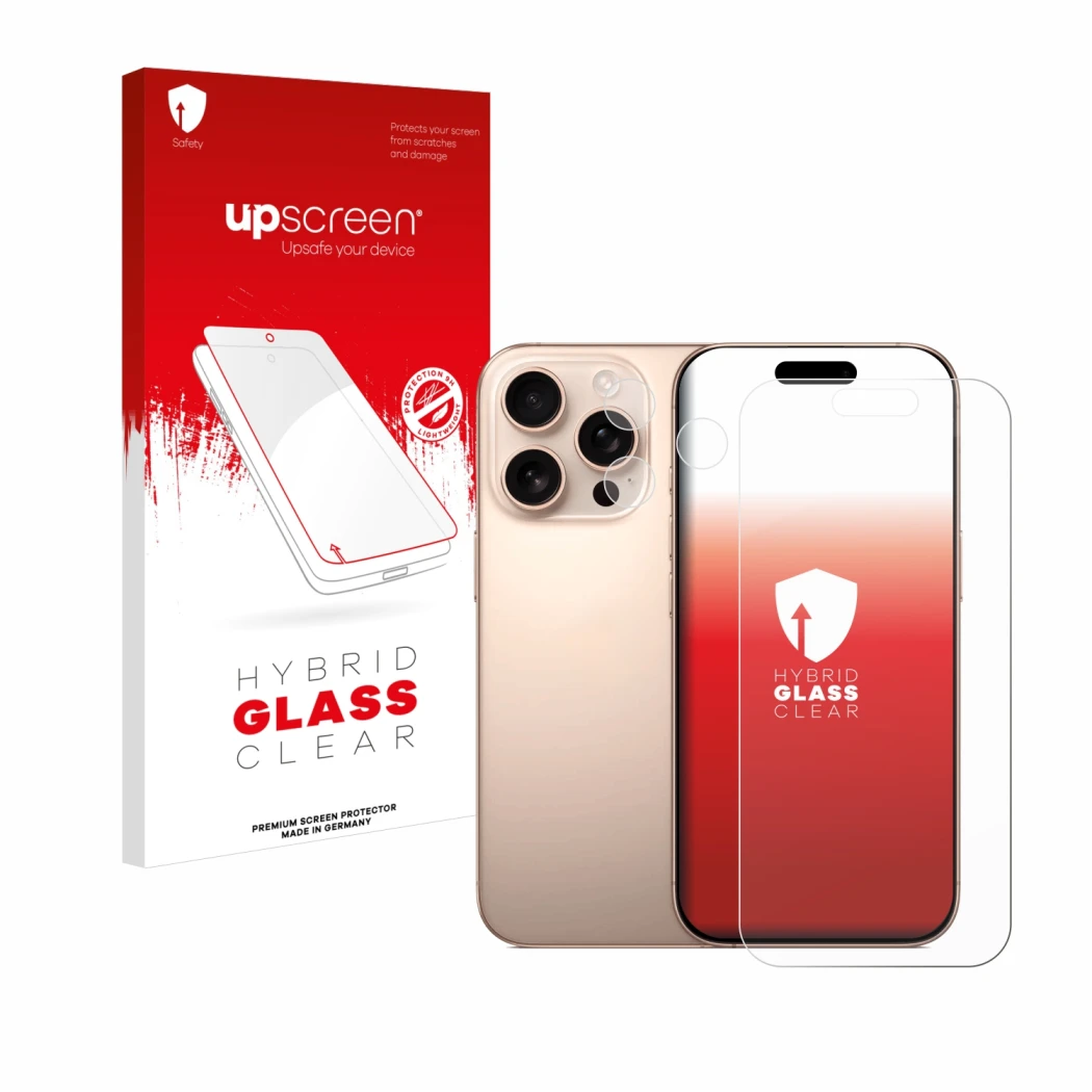 Face avant d’un emballage produit avec le logo de la marque upscreen. À côté, l’appareil Apple iPhone 16 Pro (Avant+Caméra) es