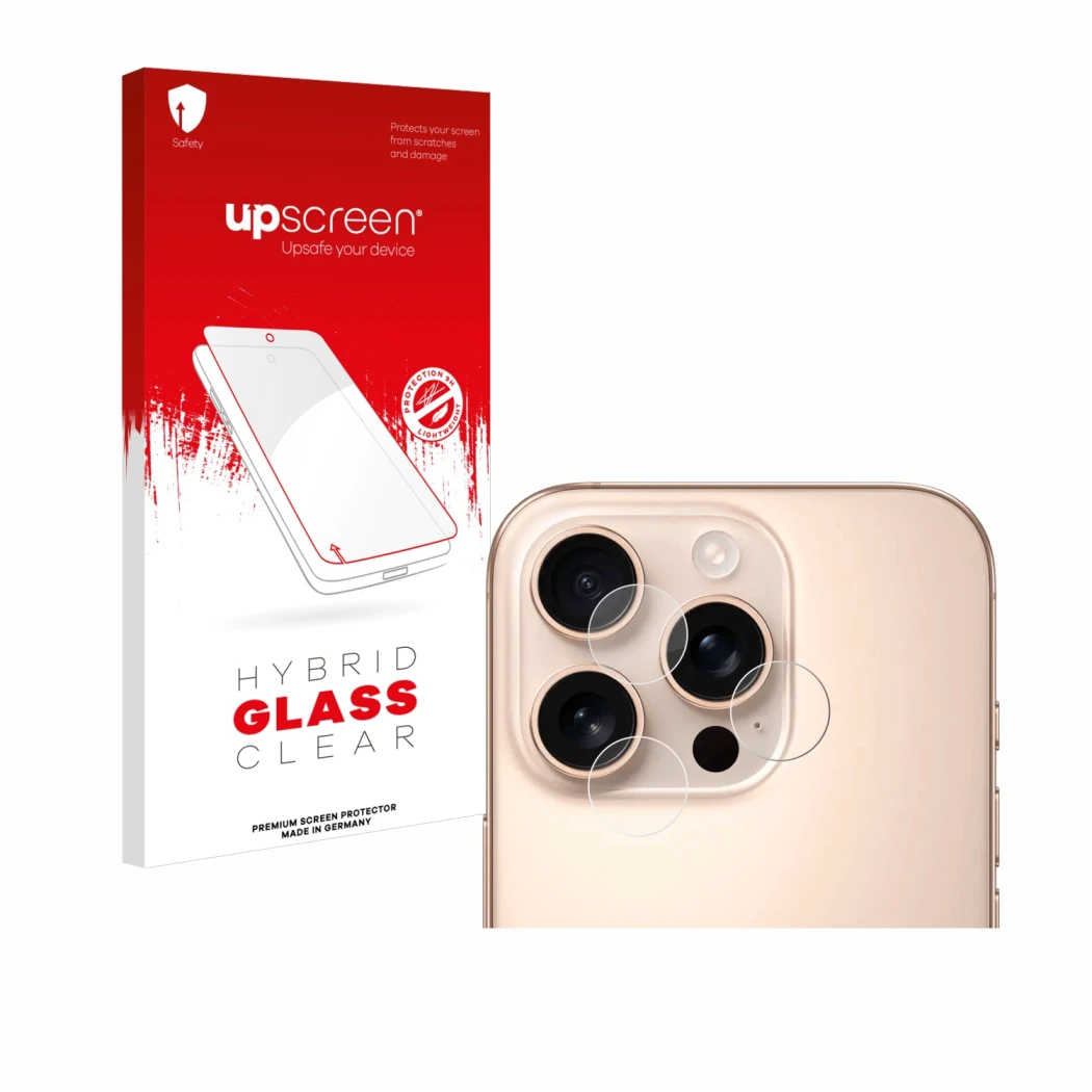 Face avant d’un emballage produit avec le logo de la marque upscreen. À côté, l’appareil Apple iPhone 16 Pro Max (Caméra UNIQU