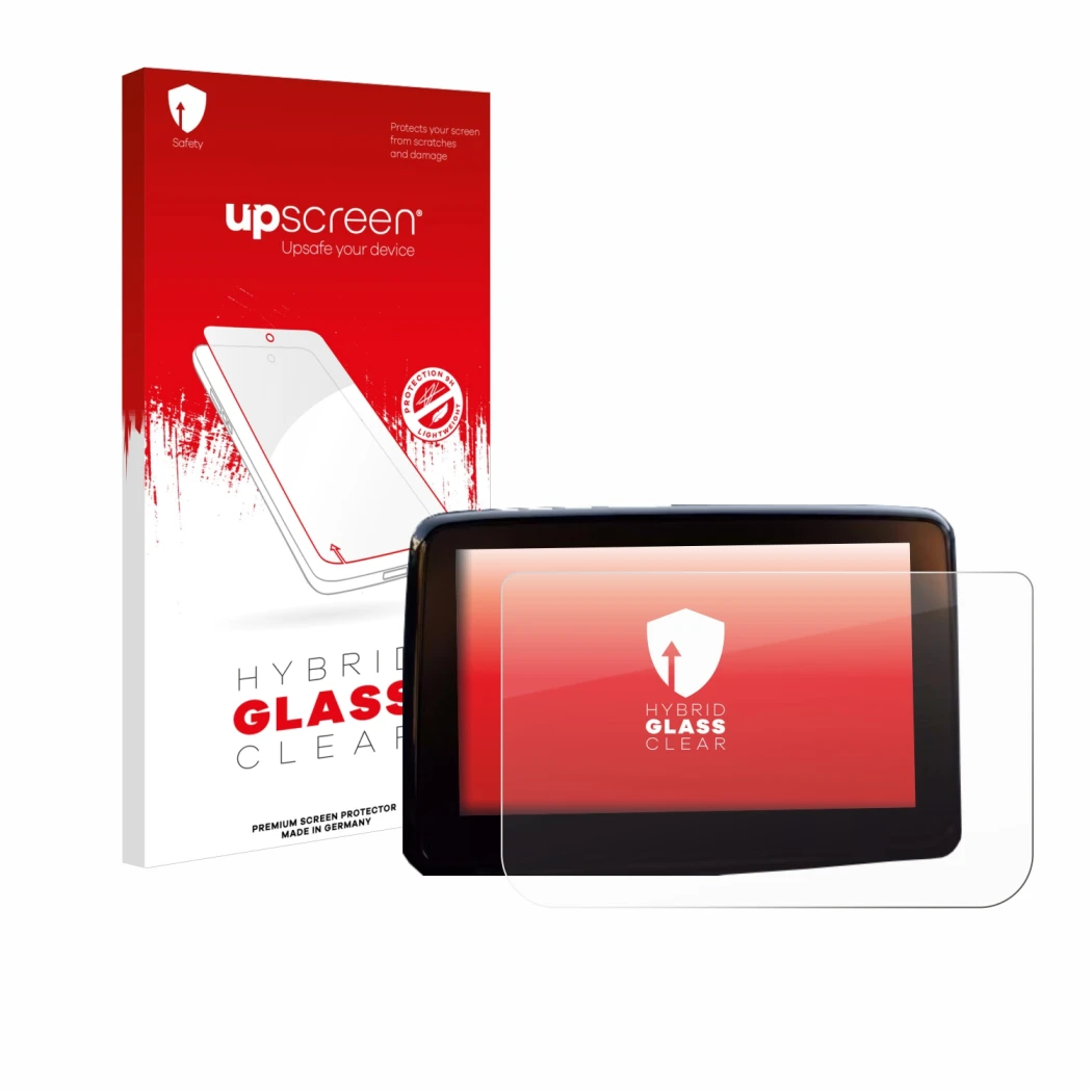 Face avant d’un emballage produit avec le logo de la marque upscreen. À côté, l’appareil Mazda 2 BJ 2024 est représenté avec l