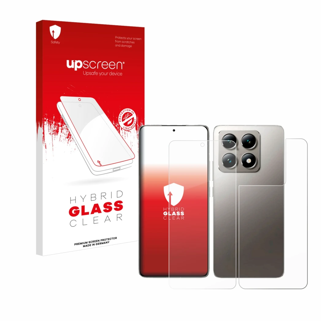 Face avant d’un emballage produit avec le logo de la marque upscreen. À côté, l’appareil Xiaomi 14T (Avant+Arrière) est représ