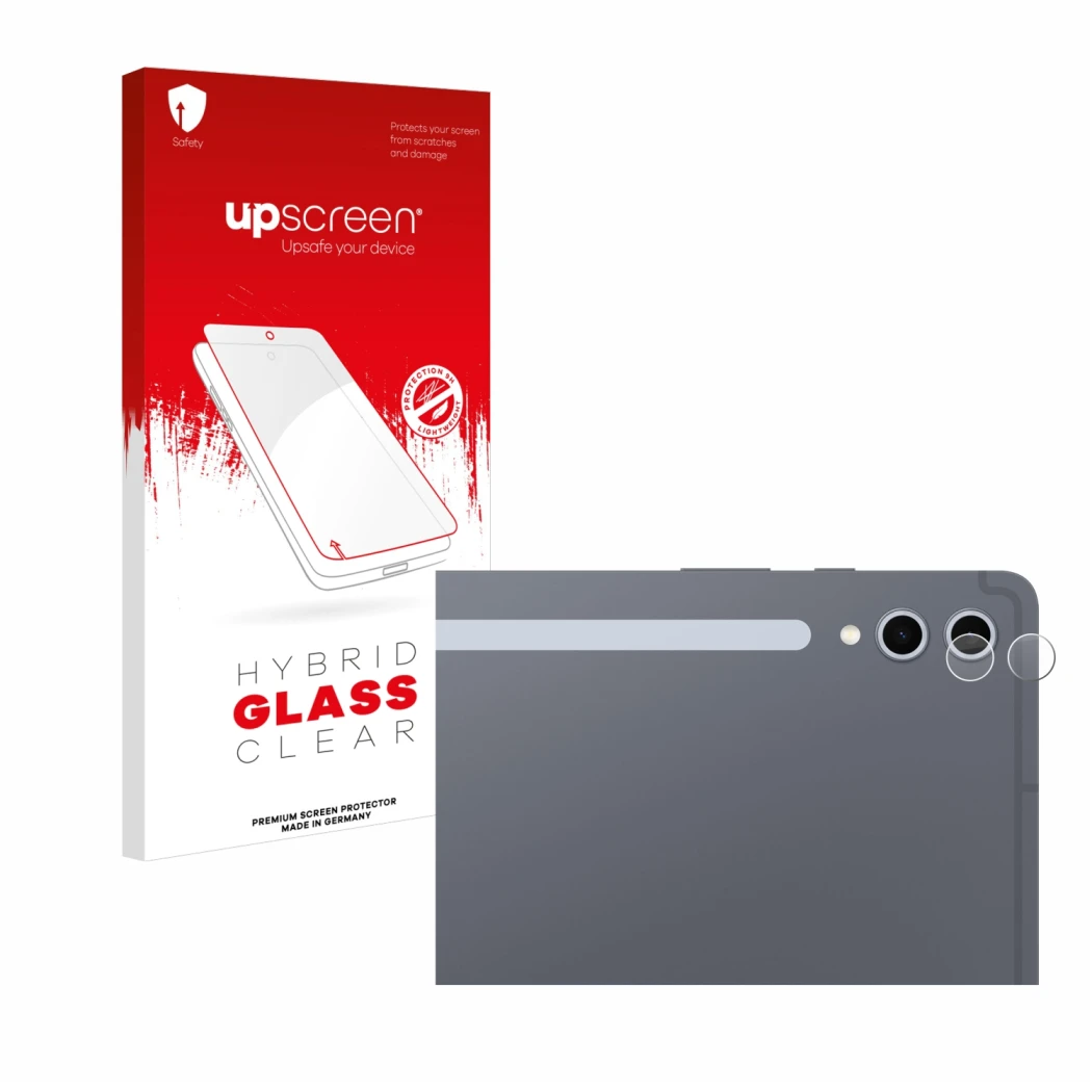 Face avant d’un emballage produit avec le logo de la marque upscreen. À côté, l’appareil Samsung Galaxy Tab S10 Ultra WiFi (Ca
