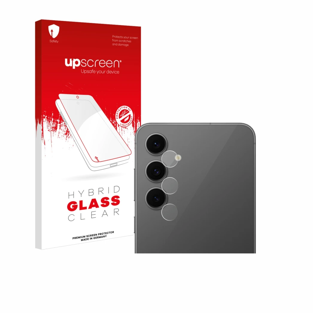 Face avant d’un emballage produit avec le logo de la marque upscreen. À côté, l’appareil Samsung Galaxy S24 FE (Caméra UNIQUEM