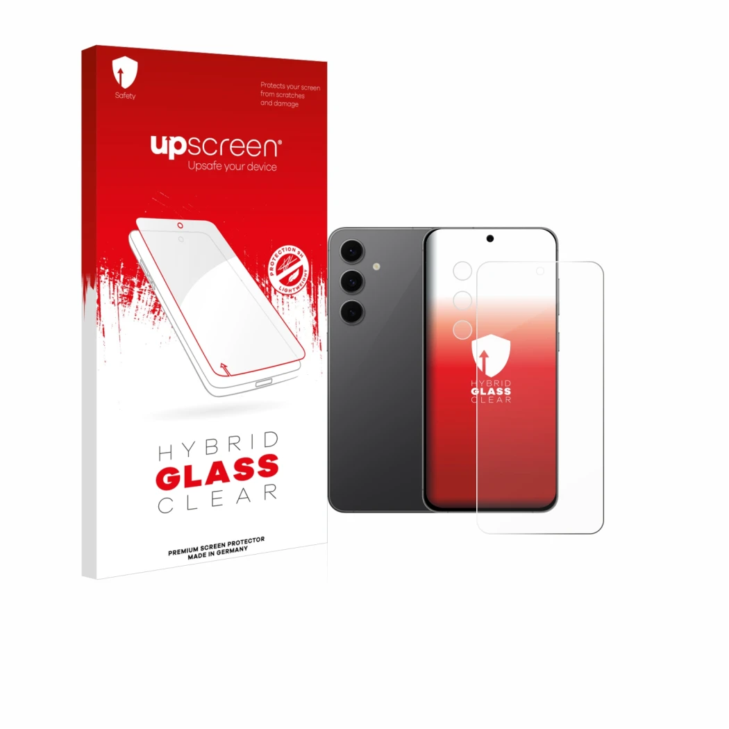 Face avant d’un emballage produit avec le logo de la marque upscreen. À côté, l’appareil Samsung Galaxy S24 FE (Avant+Caméra) 