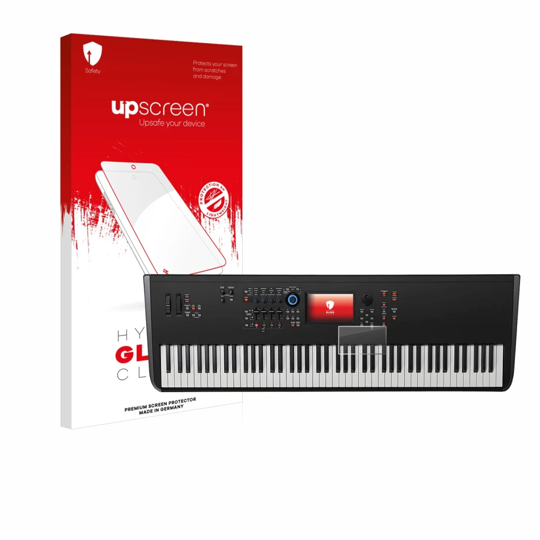 Face avant d’un emballage produit avec le logo de la marque upscreen. À côté, l’appareil Yamaha MODX8+ est représenté avec la