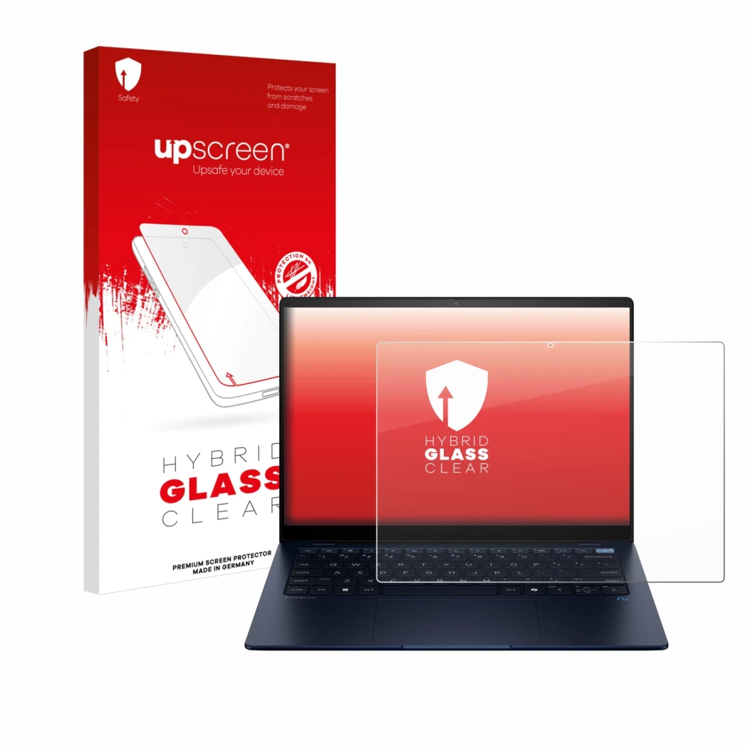 Face avant d’un emballage produit avec le logo de la marque upscreen. À côté, l’appareil HP EliteBook Ultra 14 G1q est représe