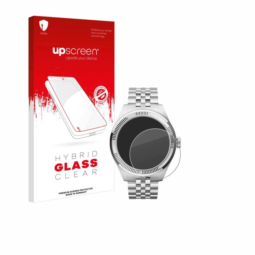 Face avant d’un emballage produit avec le logo de la marque upscreen. À côté, l’appareil Withings ScanWatch Nova Brilliant (39
