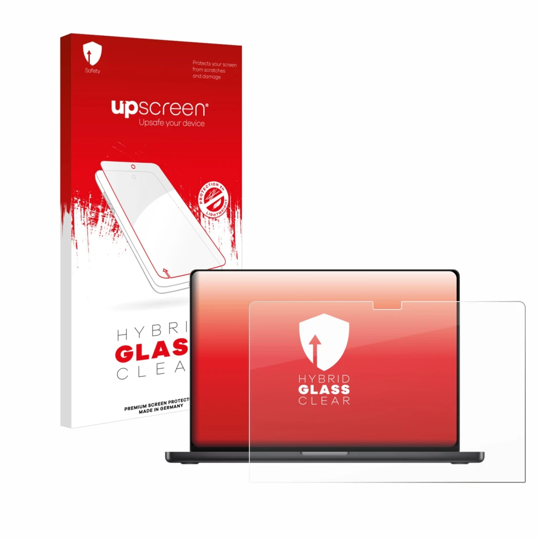Face avant d’un emballage produit avec le logo de la marque upscreen. À côté, l’appareil Apple MacBook Pro 16