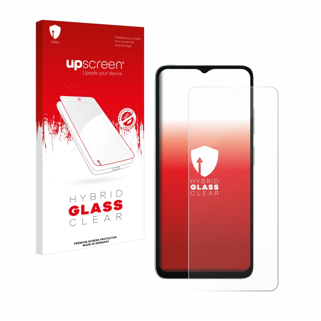 Face avant d’un emballage produit avec le logo de la marque upscreen. À côté, l’appareil Ulefone Note 19 est représenté avec l