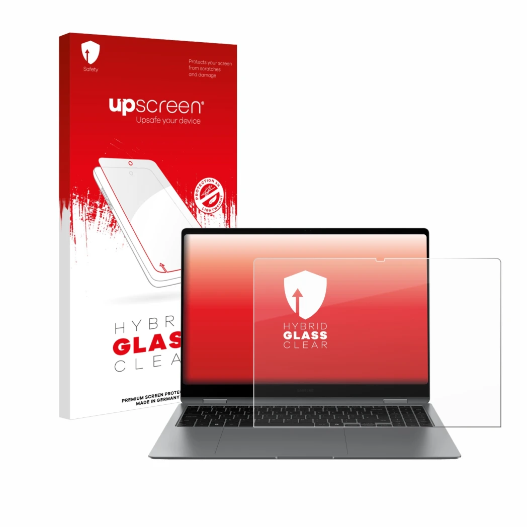 Face avant d’un emballage produit avec le logo de la marque upscreen. À côté, l’appareil Samsung Galaxy Book5 Pro 360 16